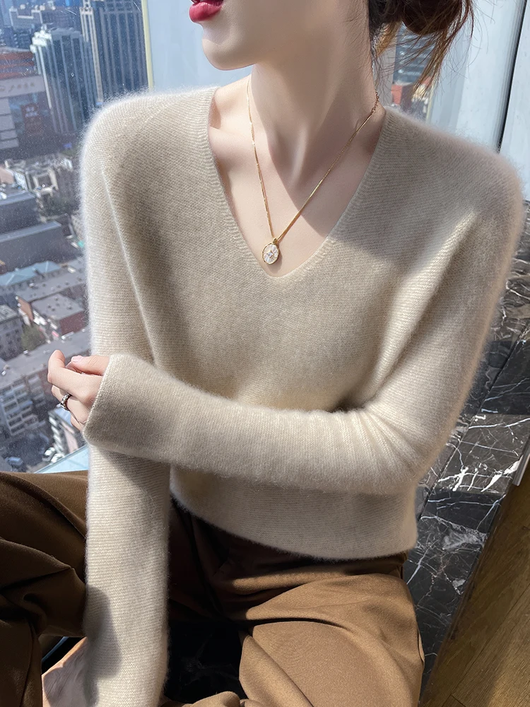 

New Chic Women's Cashmere Sweater Casual V Neck Pullover Autumn Winter 100% Merino Wool Basic Knitwear Simple Style Soft Tops