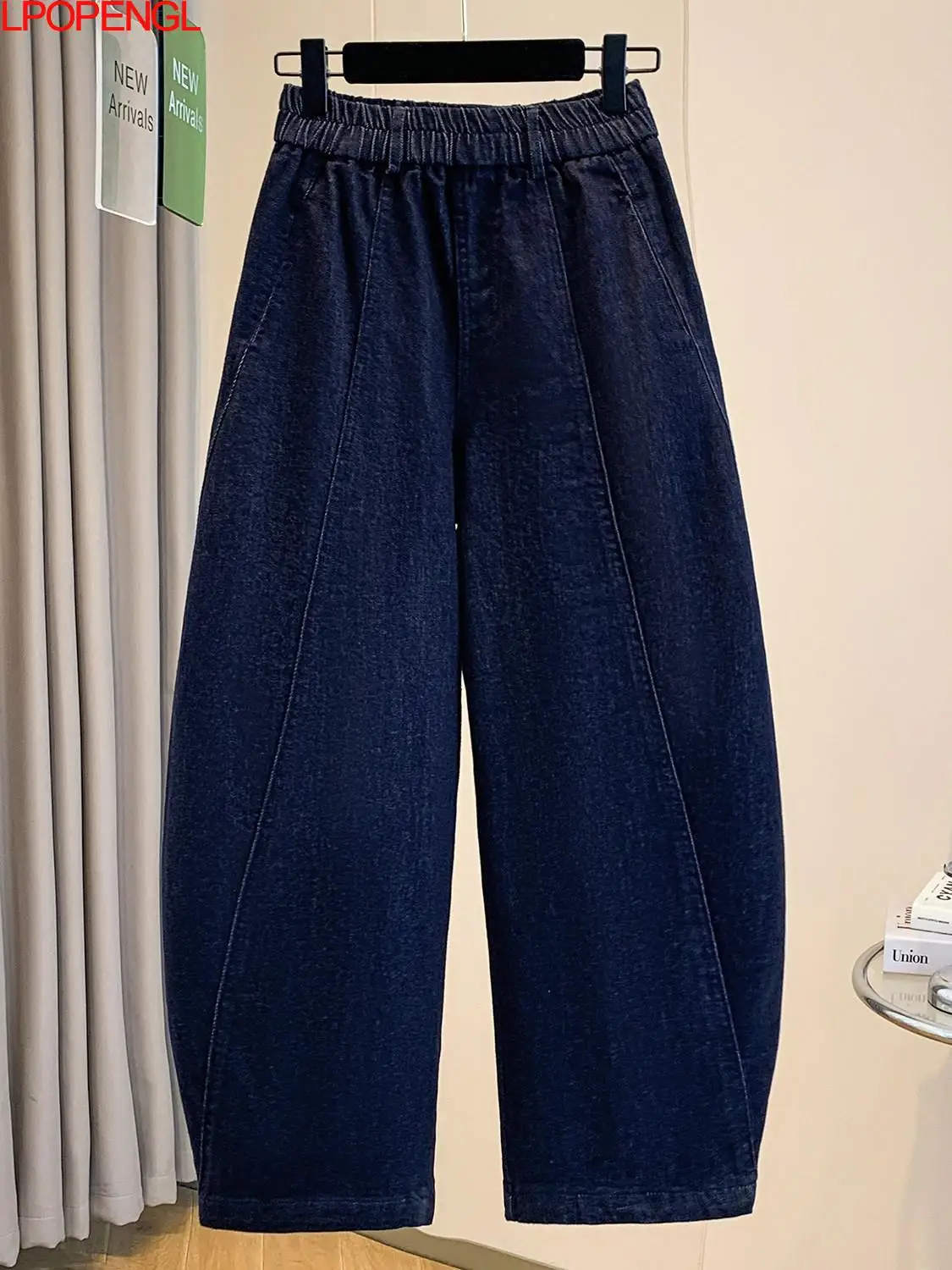 New Fashion Solid Color Washed Patchwork Pocket Jeans Women Spring 2026 Straight High Waist Vintage Distress Denim Harem Pants