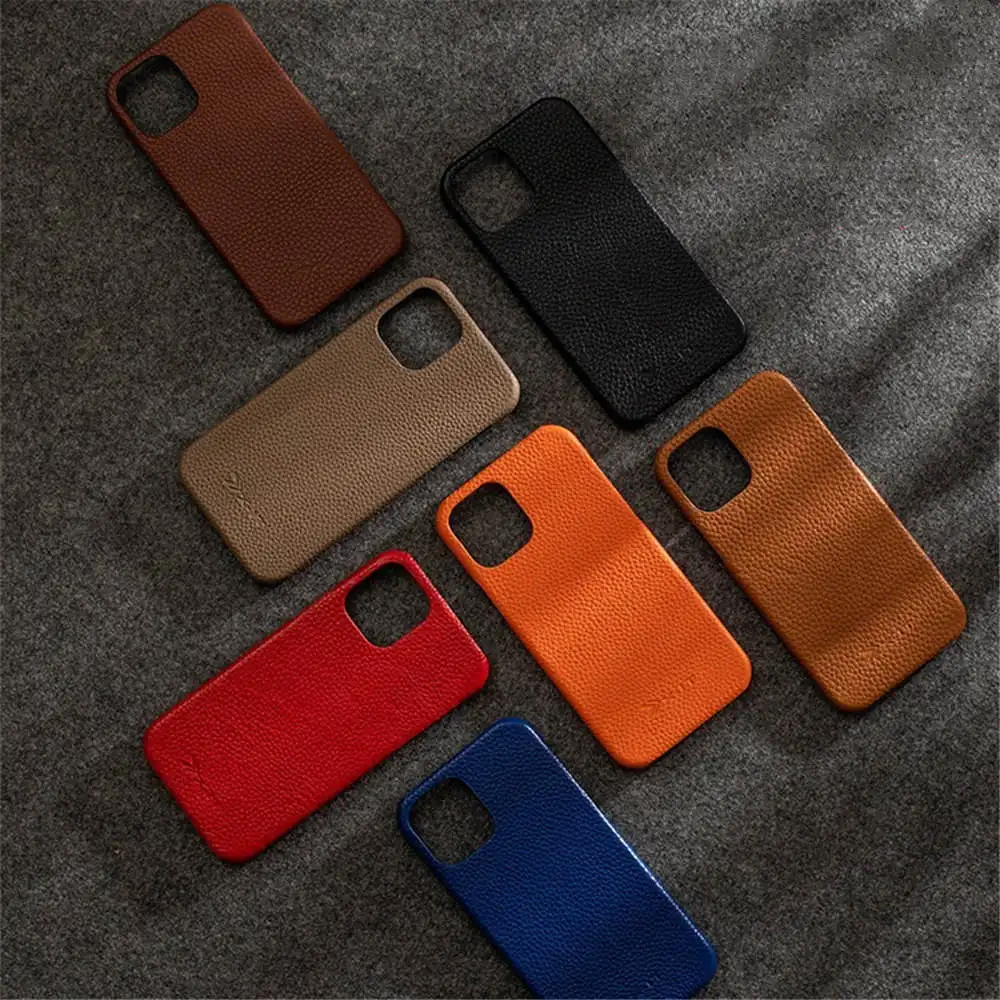 Genuine Cowhide Leather Slim Case for iPhone 13 14 15 16 Pro Max Matte Armor Back Cover