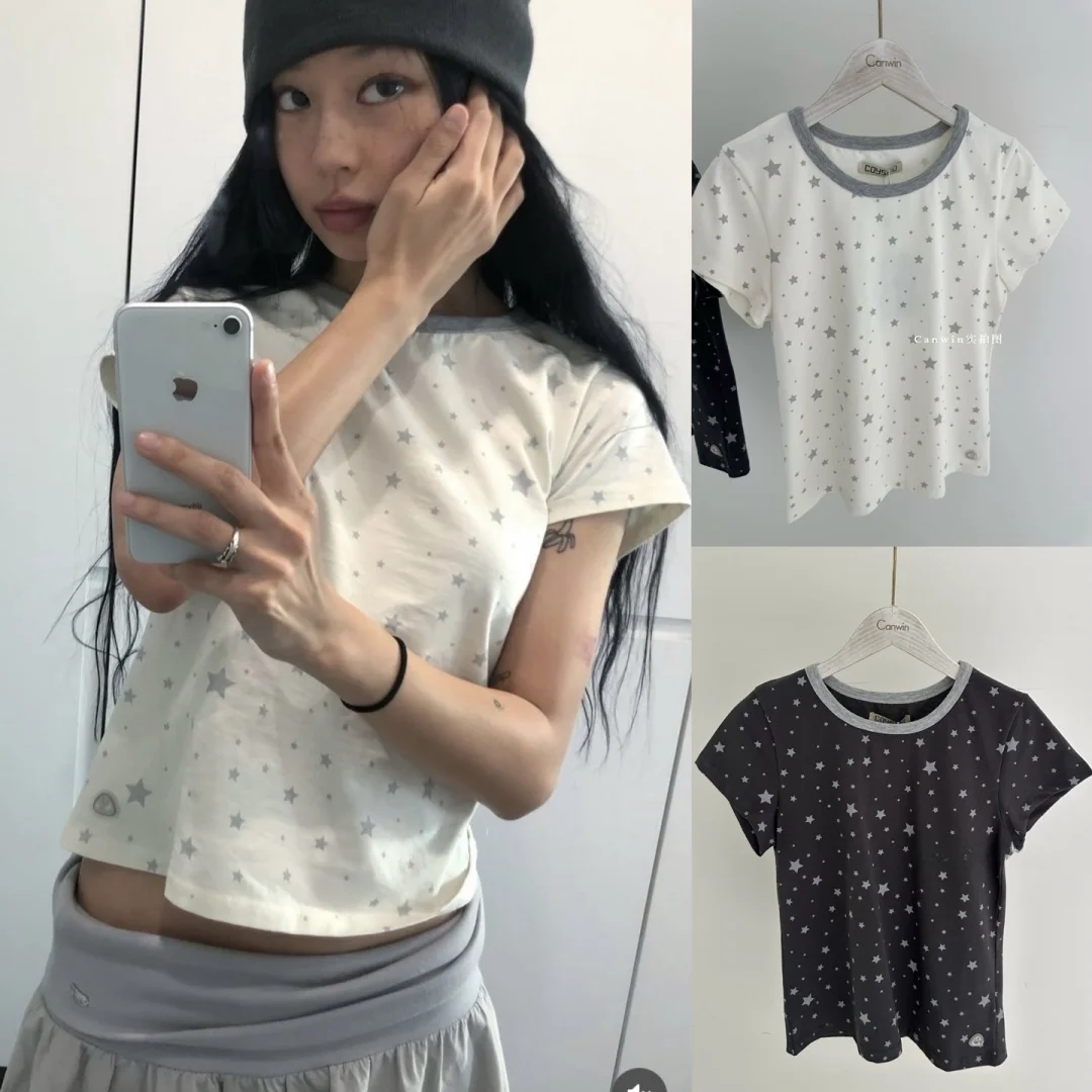 

Summer 2025 New Coys*io Slim Fit round Ne ort Sve T-irt Star Print Color Blo oulder Casual Sle Women's Top