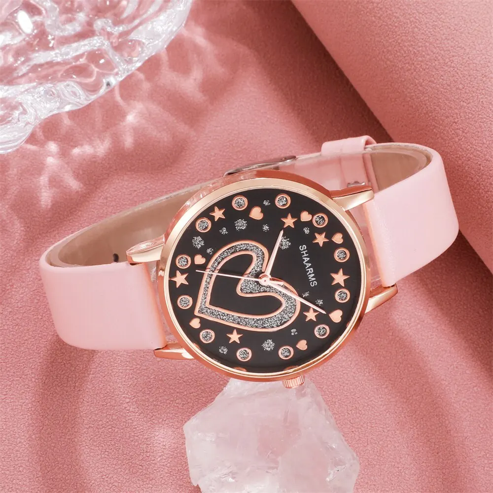 นาฬิกาผู้หญิงหน้าปัดรัก6ชิ้นดีไซน์แบรนด์นาฬิกาผู้หญิงสายหนังสีชมพูนาฬิกาข้อมือควอทซ์เรียบง่ายลำลอง