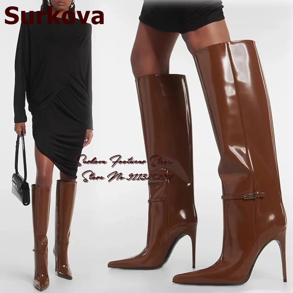 Surkova Brown Black Patent Leather Ultra Pointed Tip Knee High Boots Thin High Heel Ankle Belt Buckle Tall Boots Polished Shoes