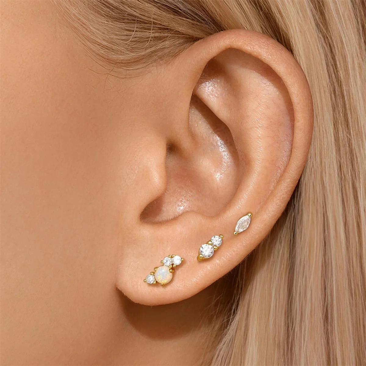 2/6Pcs 20G 18K Golden Plated Tiny Cubic Zerconia Opal Flat Back Stud Ear,Hypoallergenic Cartilage Tragus Helix Earring