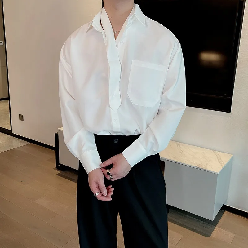 

2026 Spring Solid Color Simple Long Sleeved Shirt Men Fashion Tie Oversized Social Street Wear Casual Shirt Men Clothing