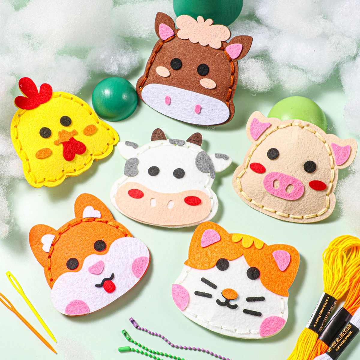

6-piece DIY Farm Animal Sewing Kit; Beginner Hand Sewing Kit; Cute Cartoon Animal Cow, Horse, Chicken School Bag Pendant; Birthd