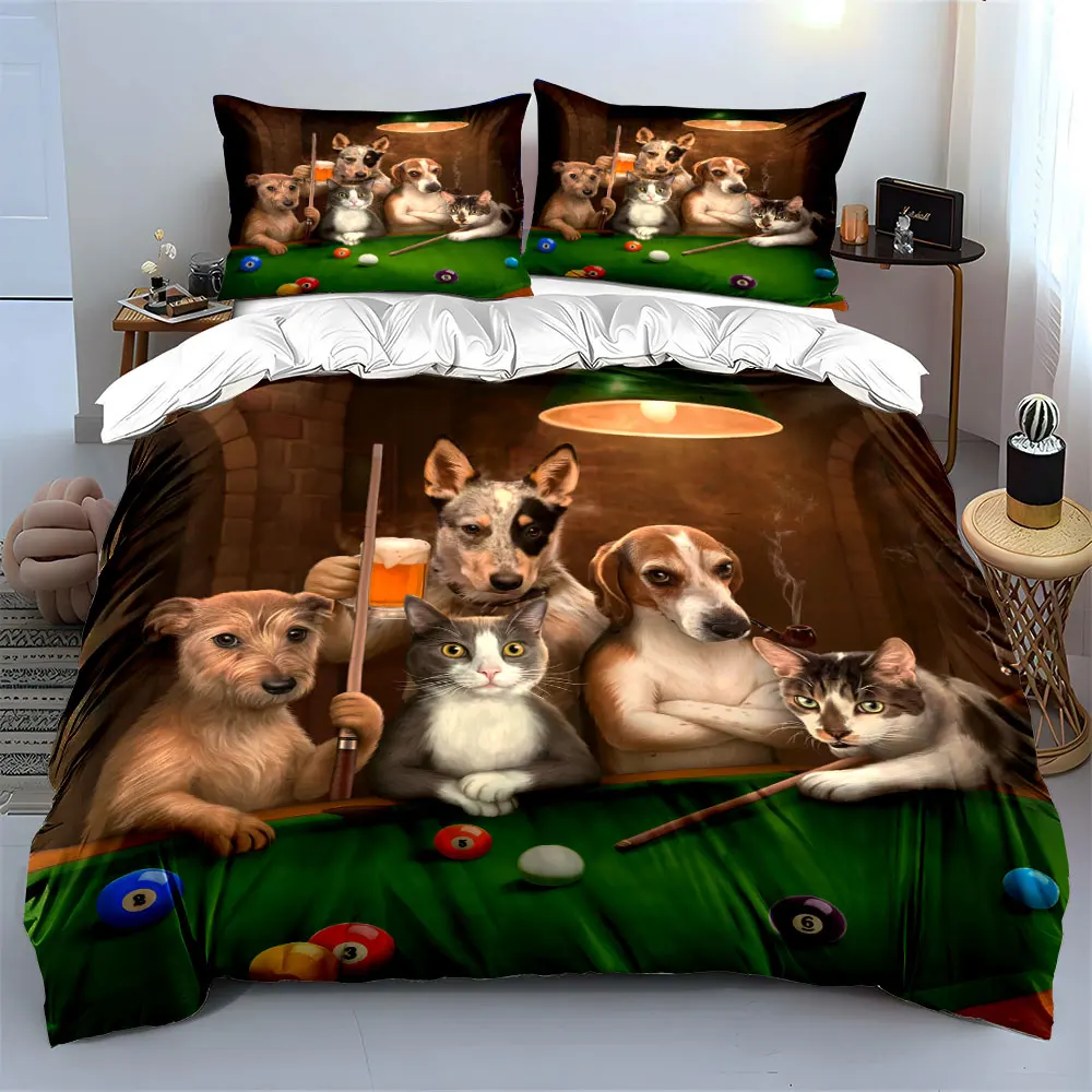 Dogs and cats in front of a fun pool table Print Soft Comfortable Duvet Cover Bedding Set Included 1*Duvet Cover  2*Pillowcases