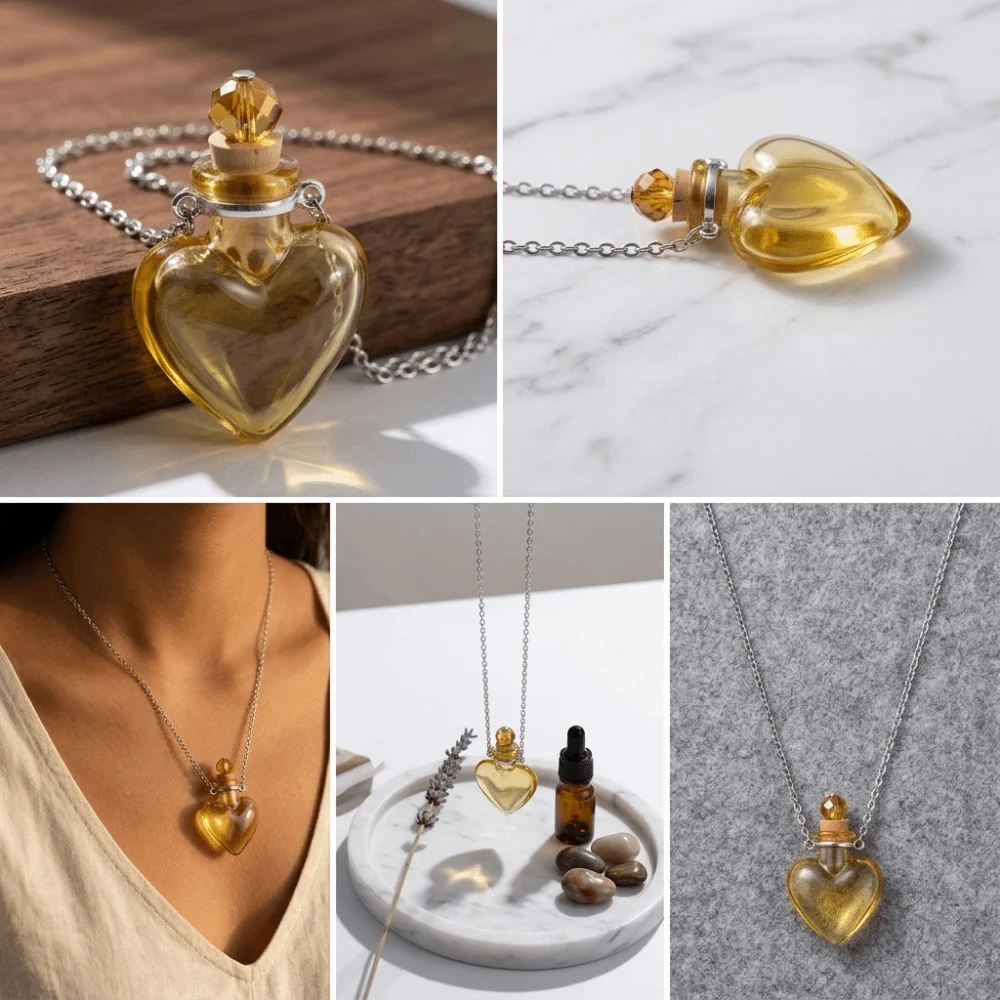 Openable Pendant Necklace Glaze Vial Water Drop Shape Openable Glaze Vial Necklace Heart Shape Steel Chain Mini Bottle Necklace