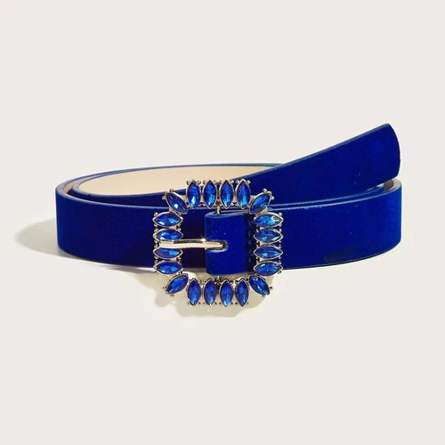 Imagen 2 del producto Cinturón Vintage con hebilla cuadrada y diamantes de imitación, cinturón de PU de terciopelo rojo rosa a la moda, accesorios clásicos y versátiles de lujo