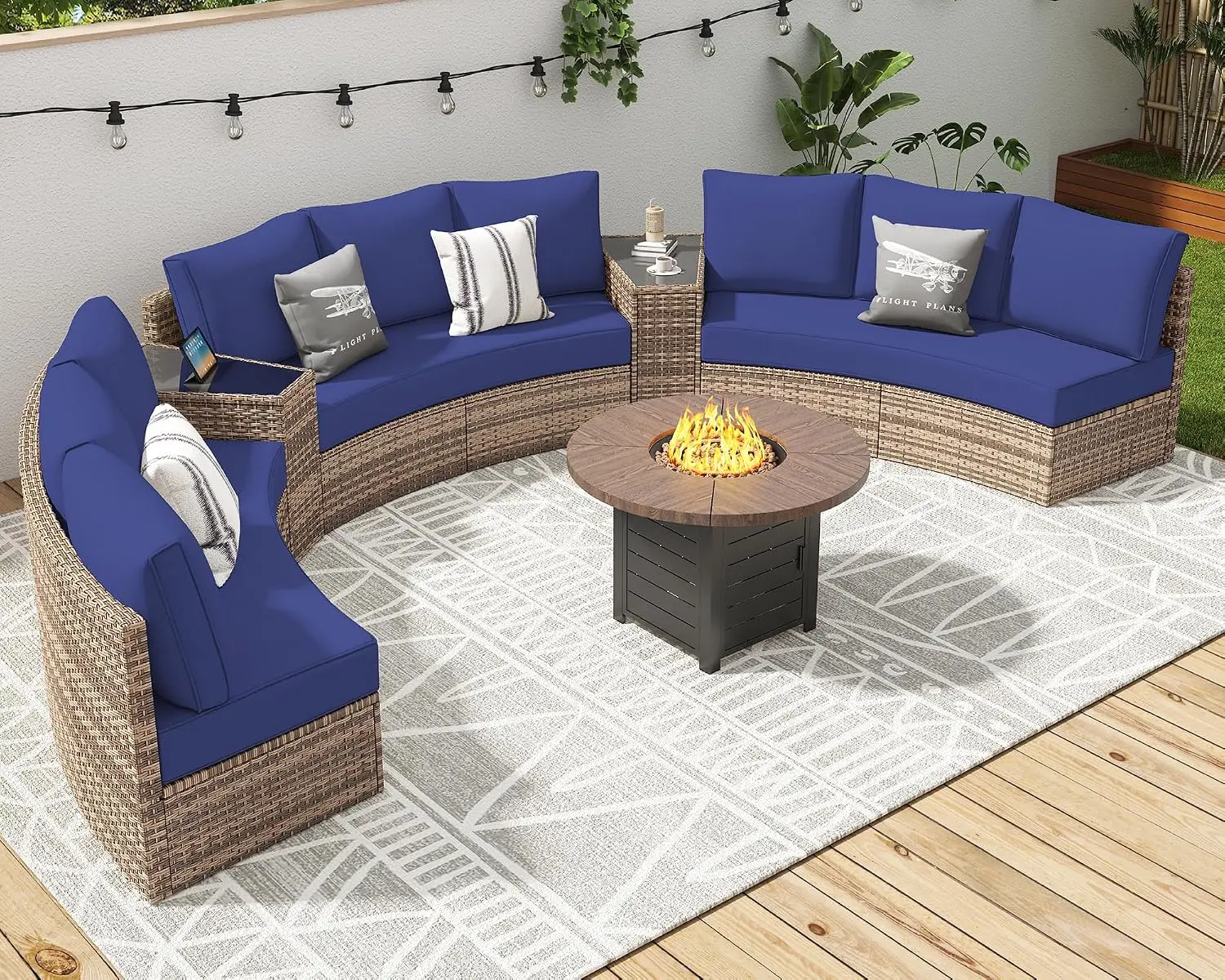 11-Piece Wicker Patio Set with Storage Table, Waterproof Half-Moon Sectional Sofa, Rattan Outdoor Furniture for Garden, Pool, Ba