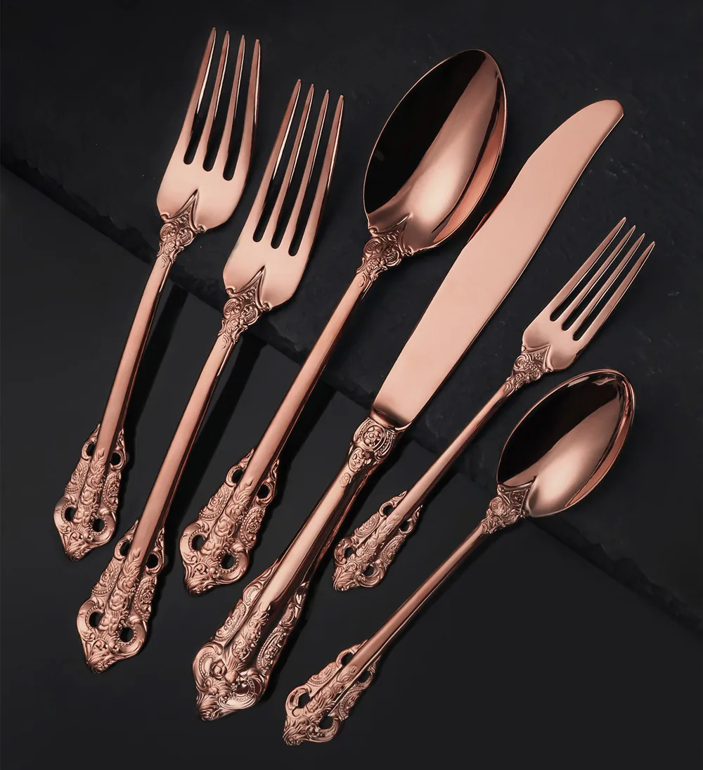 Gorgeous Glossy Gold Flatware Set, Antique Silverware, Stainless Steel Copper Cutlery, Serving Utensil Knife Fork Spoon