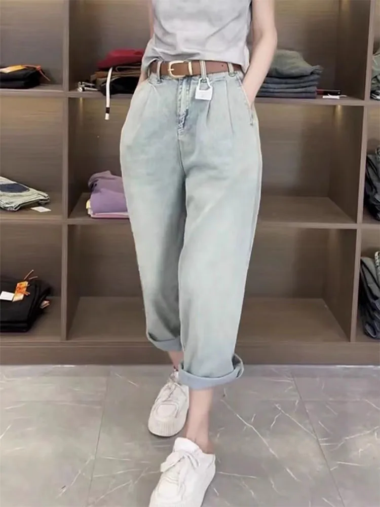 Pantalones vaqueros elásticos de talla grande para mujer, pantalón harén recto, holgado, ajustado, de cintura alta, para papá, informal, Sle Old Faion