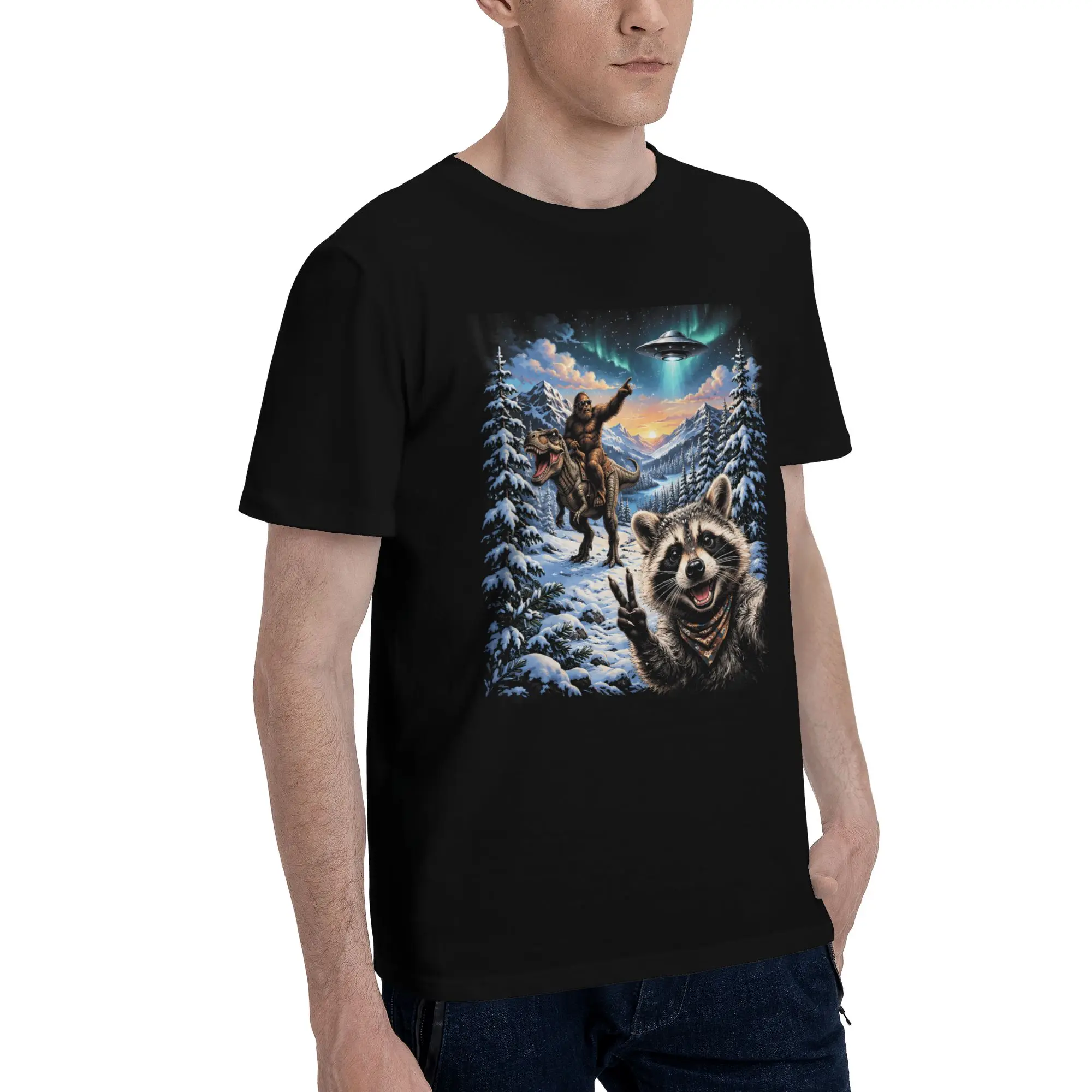 Funny Bigfoot Ride Dinosaur Raccoon Tee Shirt for Men Women Printed T Shirts  100% Cotton Clothes