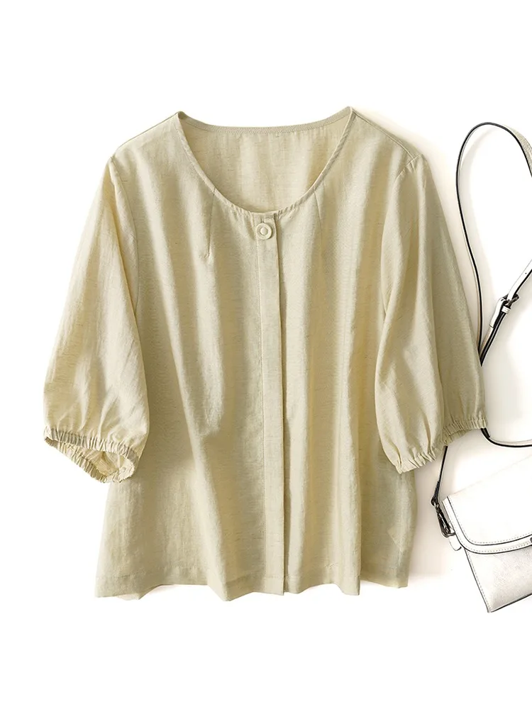 เสื้อผ้าลินินหรือผ้าฝ้ายทรงกลม สำหรับผู้หญิง ฤดูร้อน ผ้าบาง สบายๆ สีพื้น ระบายอากาศได้ดี ให้ลุคดูอ่อนเยาว์