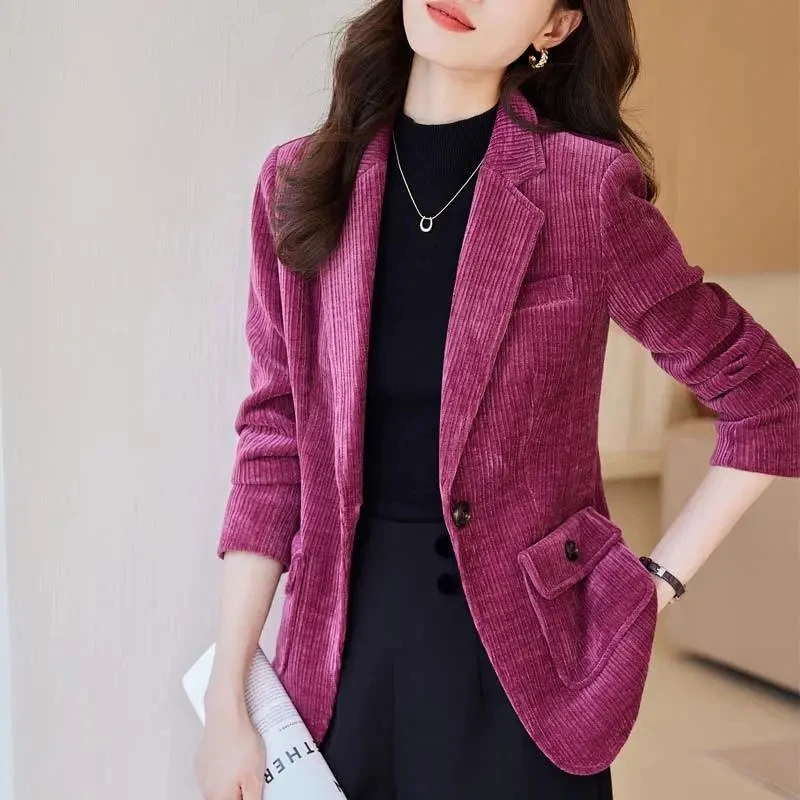 Spring Autumn Women Blazers New Fashion Solid Corduroy Suit Ladies Business Office Formal Coat Short Jacket Single Button Blazer