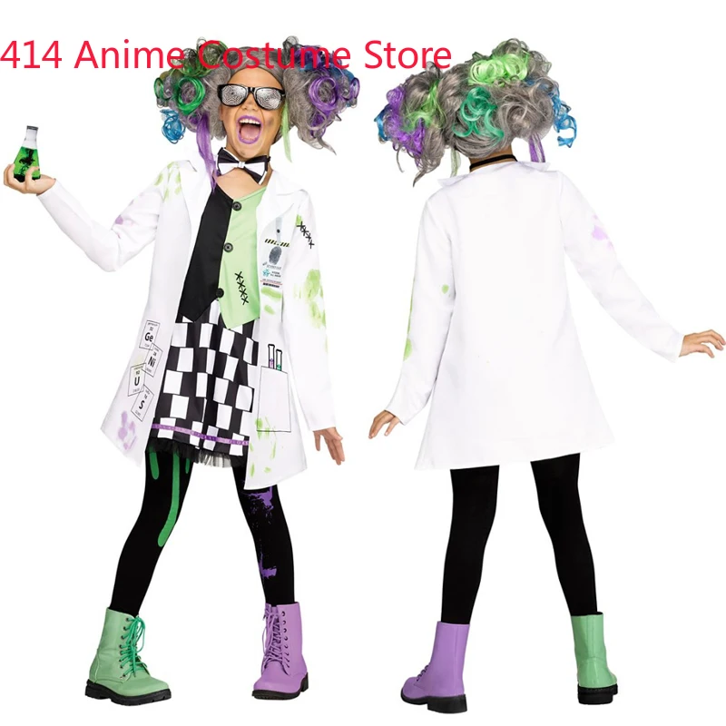 Halloween Costume For Kids Boys Girls Crazy Scientist Cosplay Costume Full Sets Wig Dress up 3-14Y C50C97