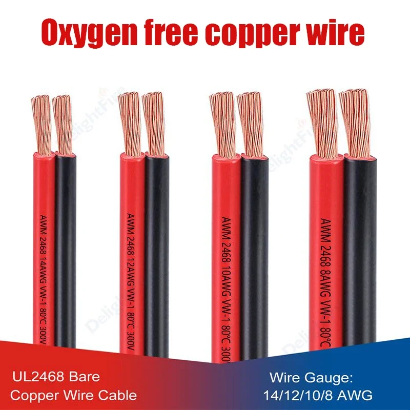 

Pure Copper Cable 2pin Inverter Extension Wire Red Black 2 Core Flat Electrical Wire 8 10 12 14 AWG for Solar Setup Battery Auto