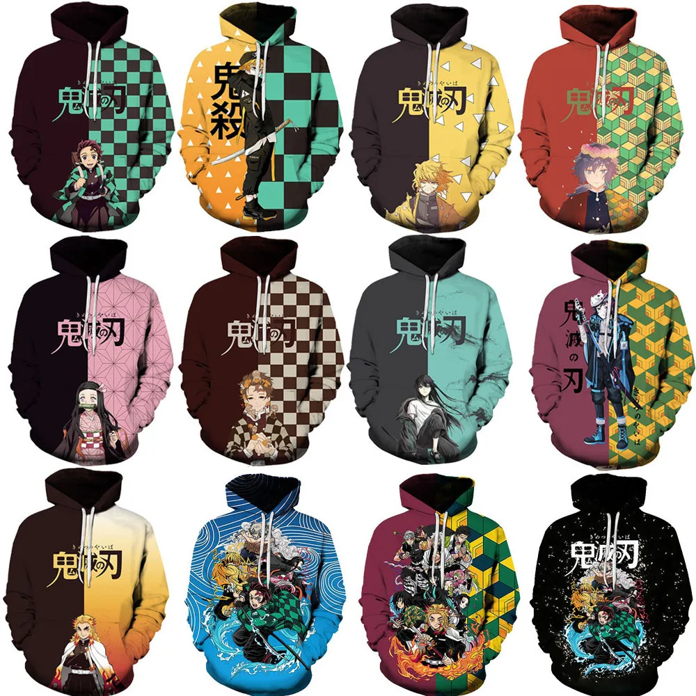 Anime Demon Slayer Hoodie Kamado Tanjirou Agatsuma Zenitsu Hashibira Inosuke Printed Hooded Sweatshirt Pullover