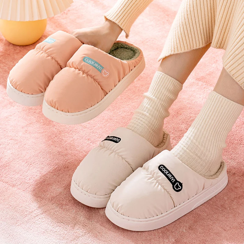 Winter Waterproof Cloth Indoor Mules Couple Antiskid Slides Warm Fluffy Slippers For Women Men Ladies Home Casual Cotton Shoes