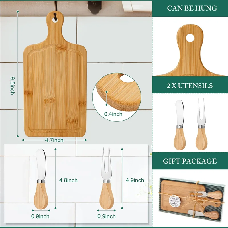 

For Bridal& Baby Shower Gift- Bamboo Cheese Board Set With Knives, Forks& Thank You Tags-Housewarming Perfect