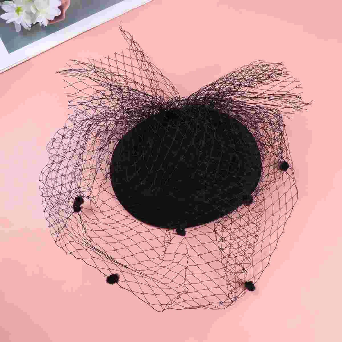 Black Woolen Hat Topper Mesh Fishnet Veil Small Hair Clips Funeral Headwear Hair Accessory veil hat