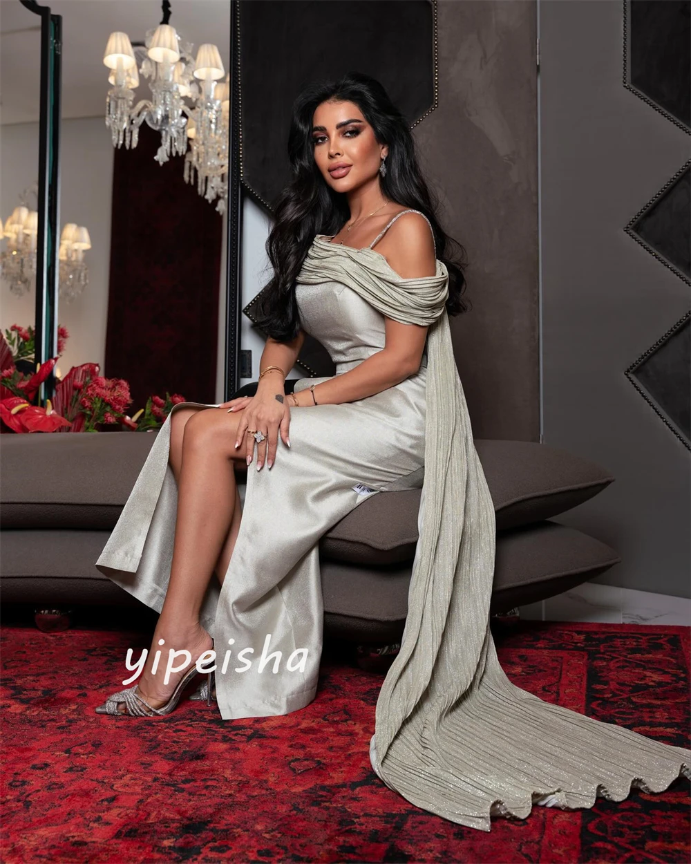 Customized   Sexy Casual  Satin Pleat Party A-line Off-the-shoulder Bespoke Occasion Gown Midi Dresses