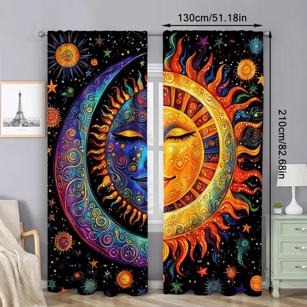 2Pcs Whimsical Abstract Sun Moon Patterned Curtains Fantasy Style Decor Suitable For Bedroom Bathroom Living Room Dining Room