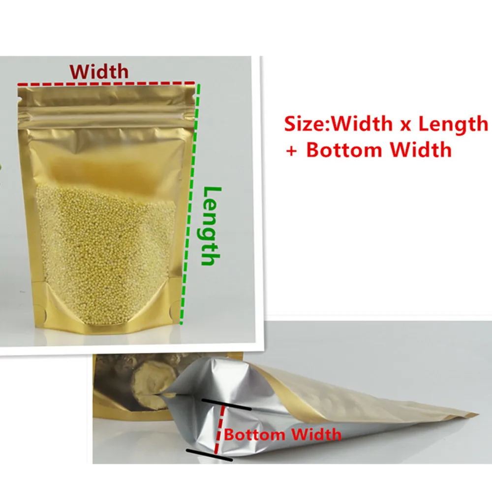 100pcs Inner Gold Standing Up Aluminum Foil Zip Lock Bags with One Side Matte Clear - Zipper Reusable Food Grade Packing Pouches