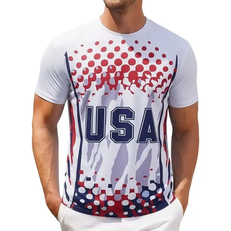2026 Men‘s USA Patriotic Football T Shirt Red Blue Dots Graphic Print Short Sleeve Tee American Flag Style Sports Casual Tops