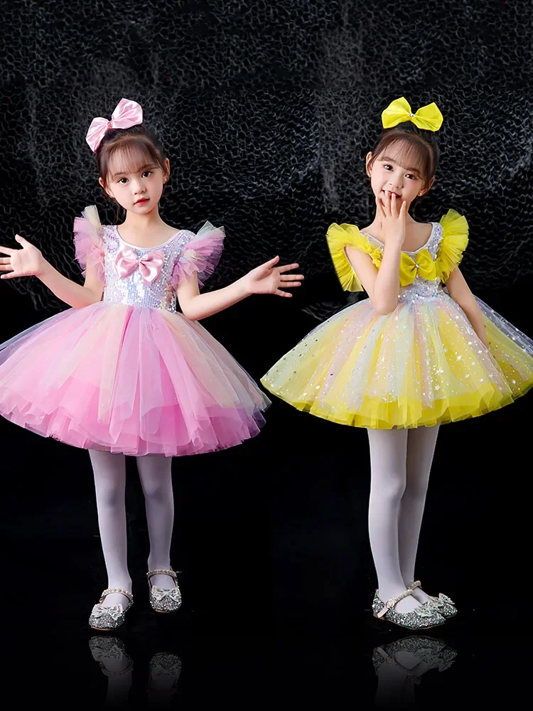 فستان الأميرة ساري منتفخ للأطفال مع الترتر ، زي كانتاتا لطيف ، ملابس الأداء المسرحي ، الرقص الحديث لرياض الأطفال