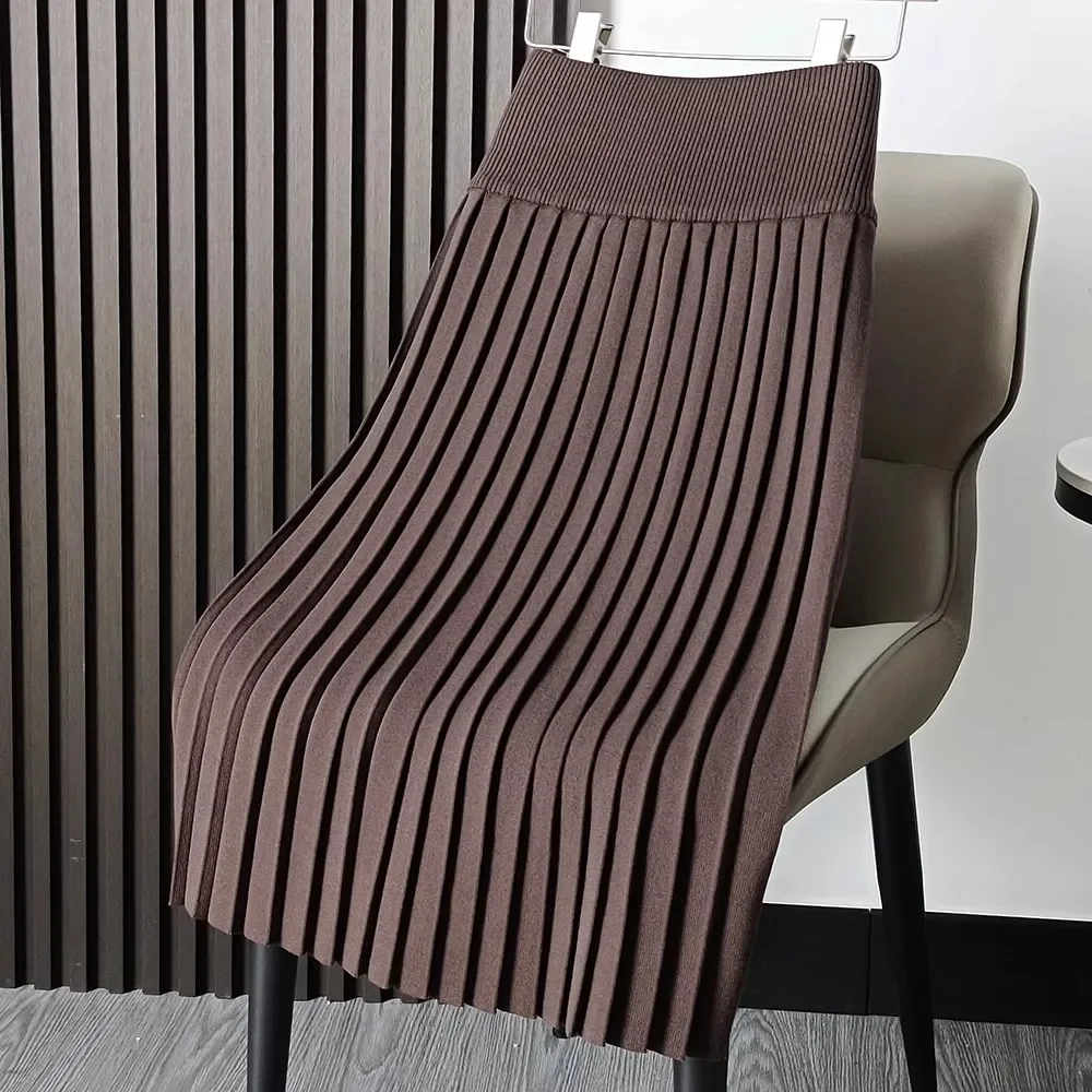 

Autumn Winter Office Lady Simplicity Pleated Solid Color Elastic Waist A-line Skirt Women Clothes Temperament Knitting Skirts