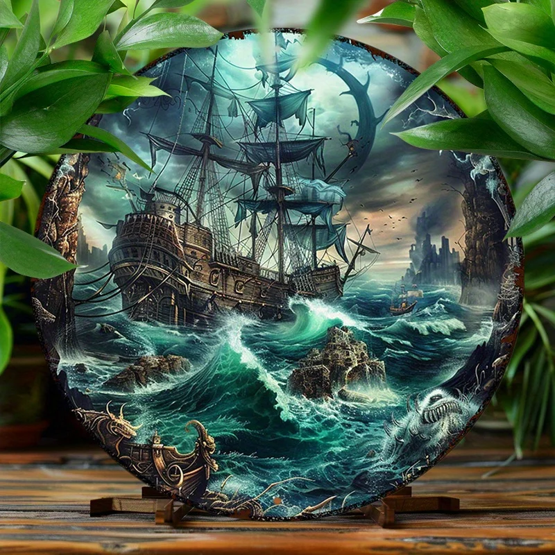 UV-Resistant Waterproof Aluminum Metal Art Set, 1pc 8x8 inch Round Sign with Pirate Ship & Full Moon Imagery, Pre-Drilled for Ea