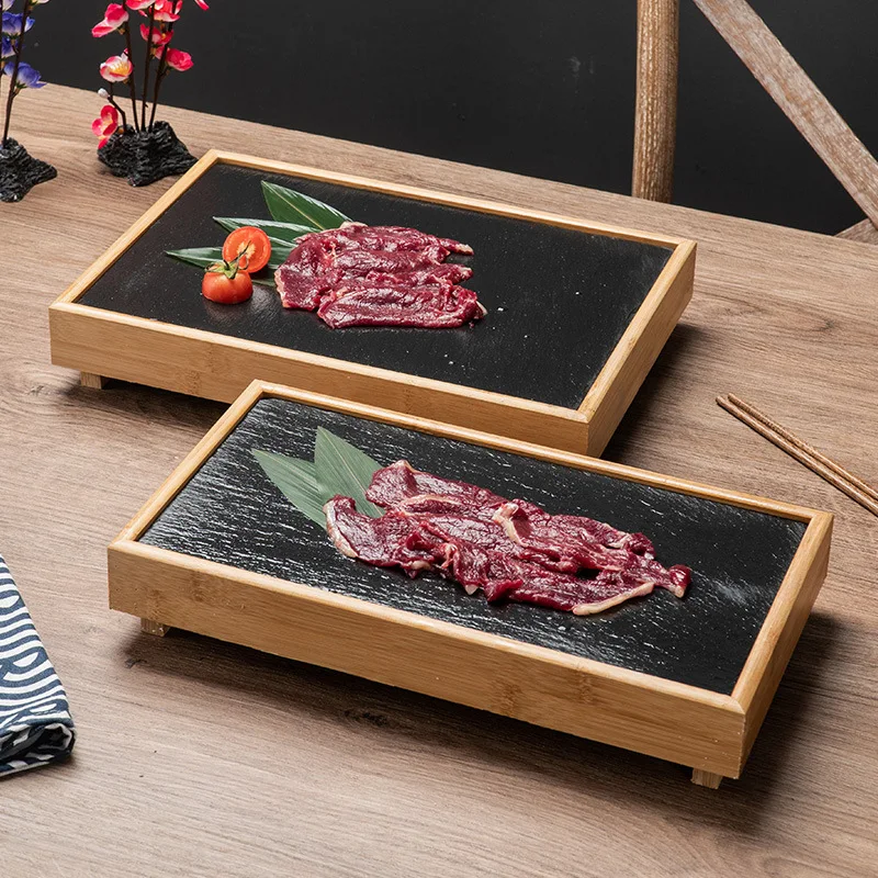 

Black rock plate, Japanese commercial bamboo and wood hot pot plate, barbecue slate tableware