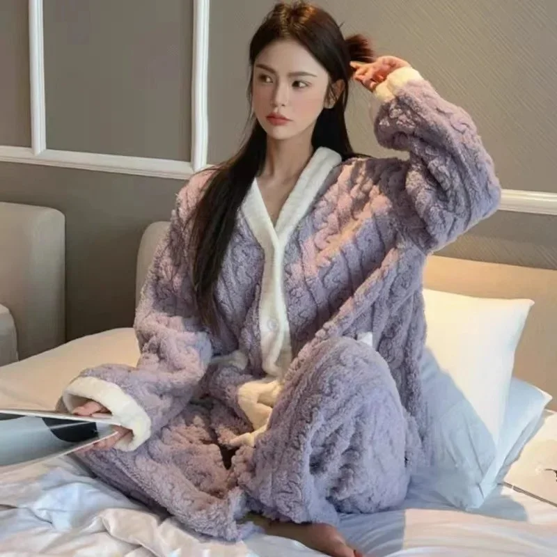 CHUANGERM Women Coral Velvet Pajamas Set 2pcs Autumn Winter Thickened Padded Warm Homewear Cardigan And Trousers For Girls image 5