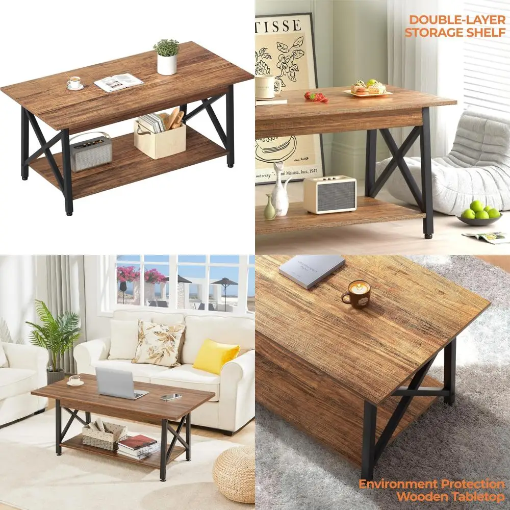 

Modern 2-Tier Coffee Table with Storage, 39 Inch Living Room Furniture, X-Frame Design Farmhouse Style