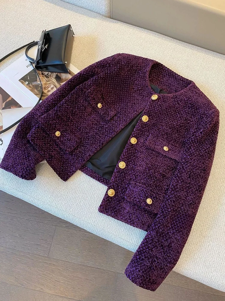 Jmprs Purple Retro Tweed Jacket Women Fall Winter O Neck Long Sleeve Short Coat Korean Casual Elegant Vintage Female Slim Tops