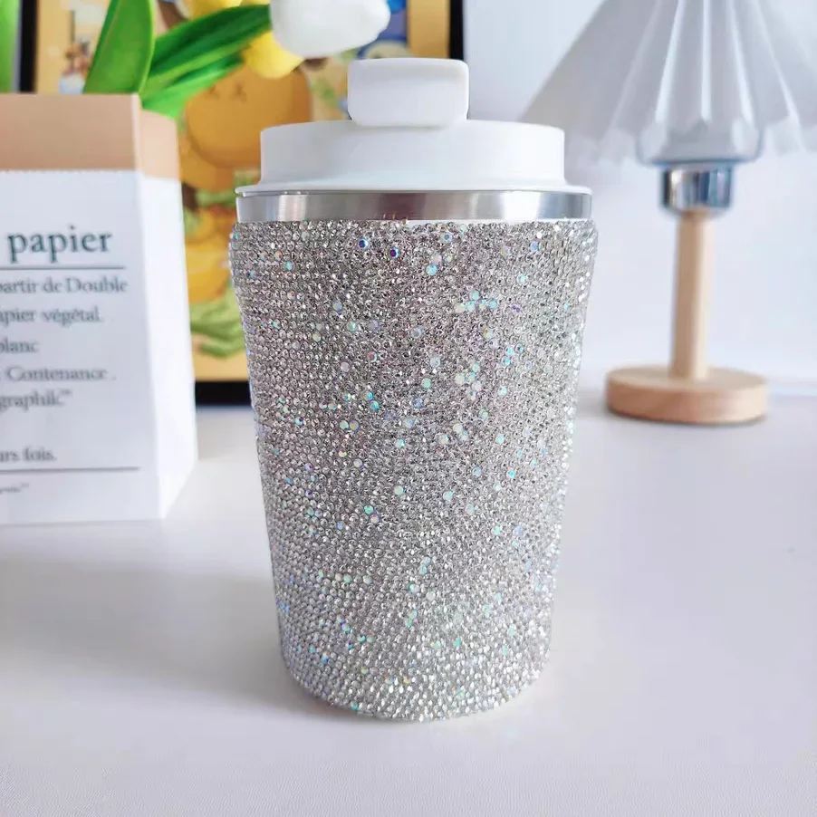 Sparkling Stainless Steel Insulated Crystal Tumbler Coffee Cups Mug Travel Thermal Water Bottle Car Thermos Bottle Vacuum Flask