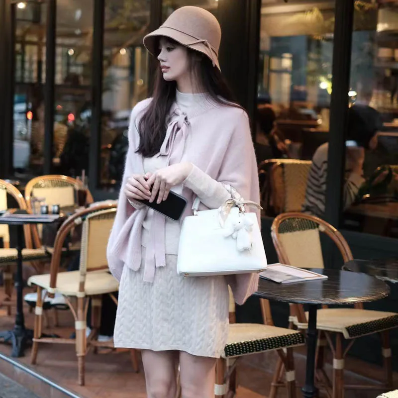 

Thickened warm women's sweater, cloak, shawl jacket, pink gentle bow tie, shoulder pads, outer wear 10