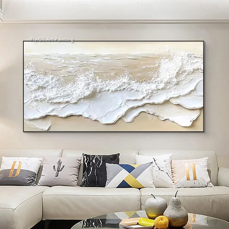 New Design Beige White Ocean Wave Canvas Thick Oil Painting Hand Drawn Original Abstract Blue And White Seascape Wall Art Decor