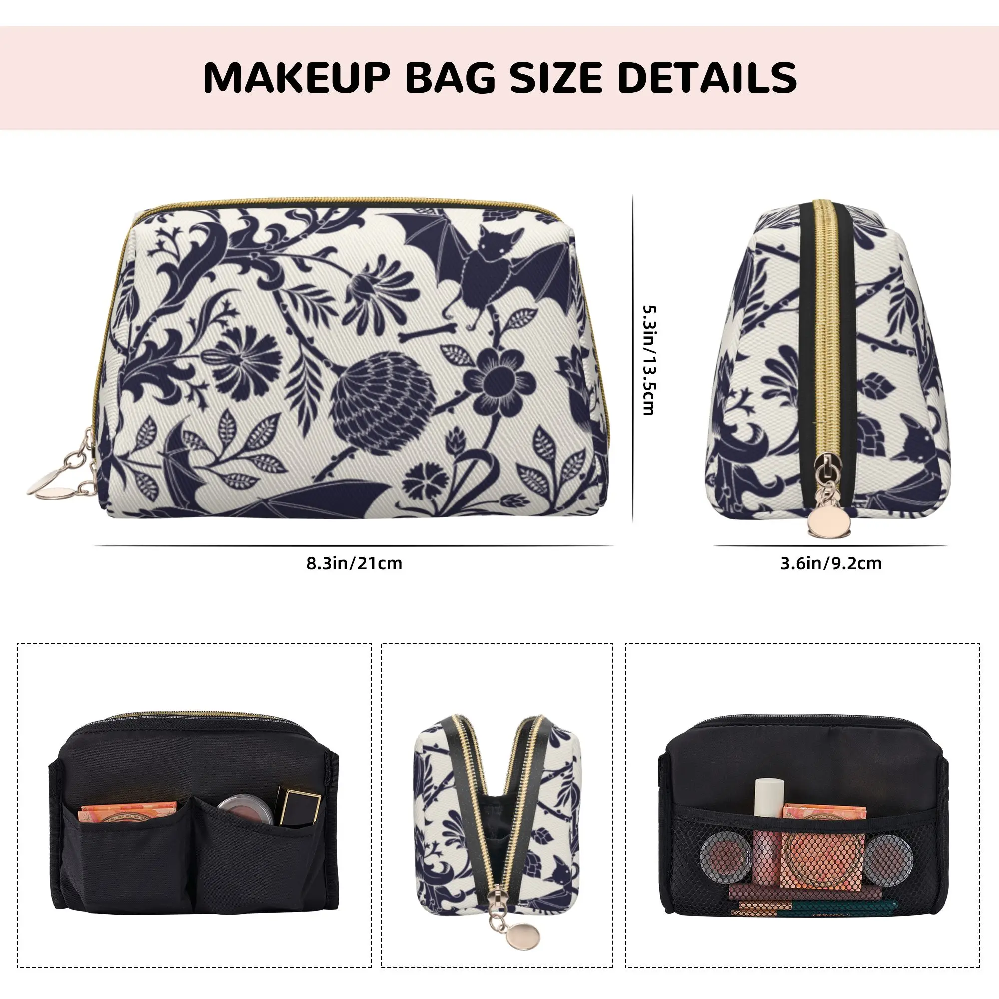 Goth Bats Flowers Print Leather Makeup Bag Women Travel Toiletry Pouch Cosmetic Bags Portable Multifunctional Storage Bag Gifts