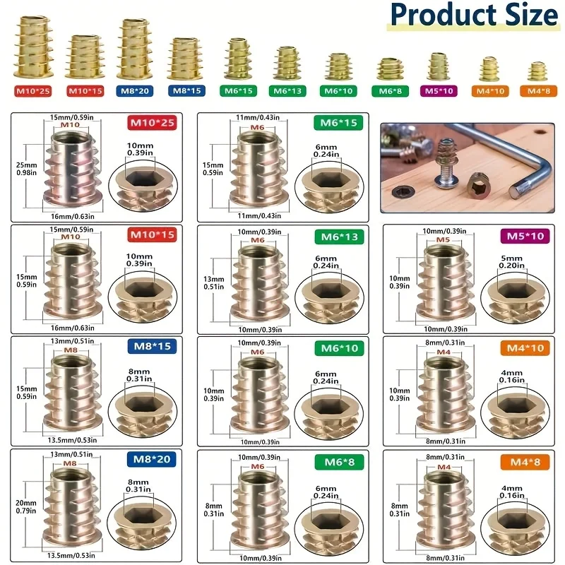 165/230/70 heavy-duty woodworking threaded inserts, carbon steel nuts - suitable for furniture assembly, shelving, and cabinets