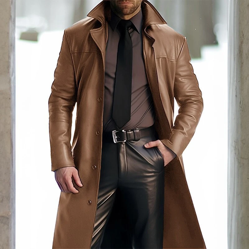 

Spring Vintage Men's Leather Long Coat Solid Color Loose Lapel Windbreaker Mens Overcoats Winter Outdoor Trendy Leather Jackets