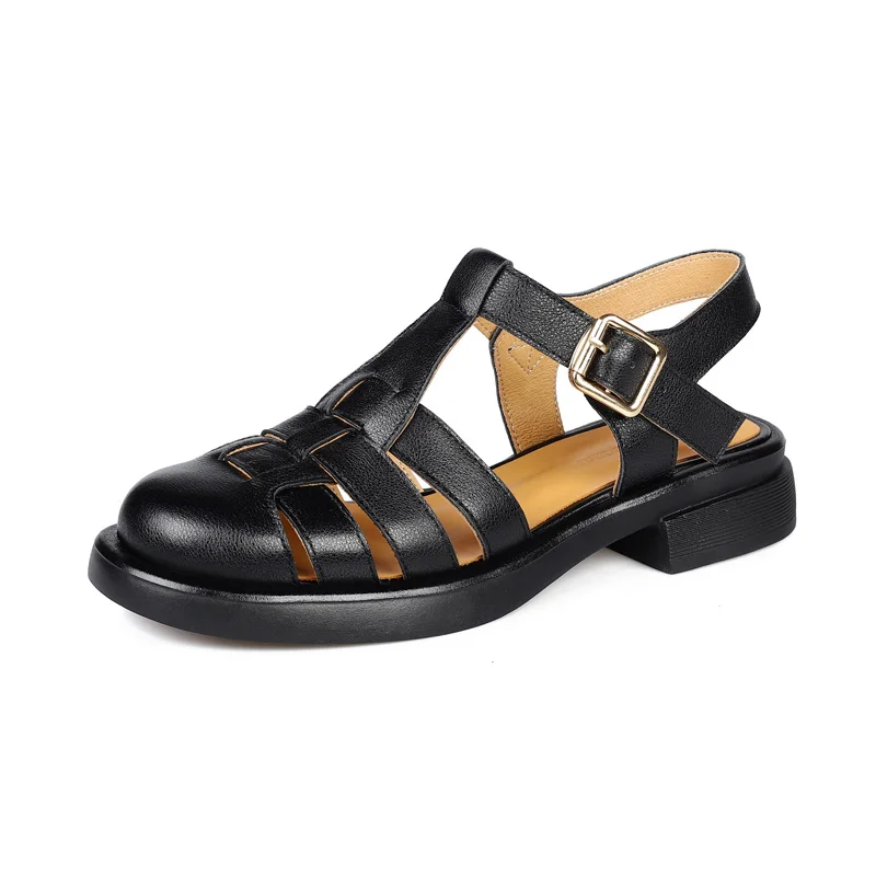 Genuine Leather Retro Women Fisherman Sandals New 2023 Summer Black White Brown Closed Toe Low Heel Ladies Buckle Hollow Shoes