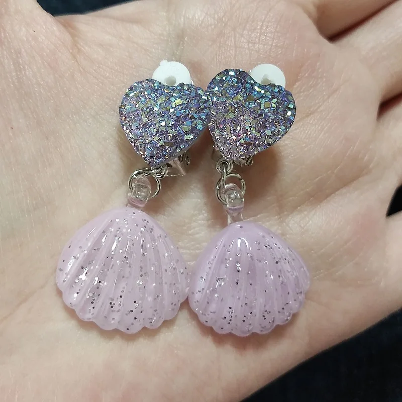 Clip On Earing Girls Children Pink Purple Jewelry Child Clip Earrings Shell Star flower Ear Clip For Kids Gift