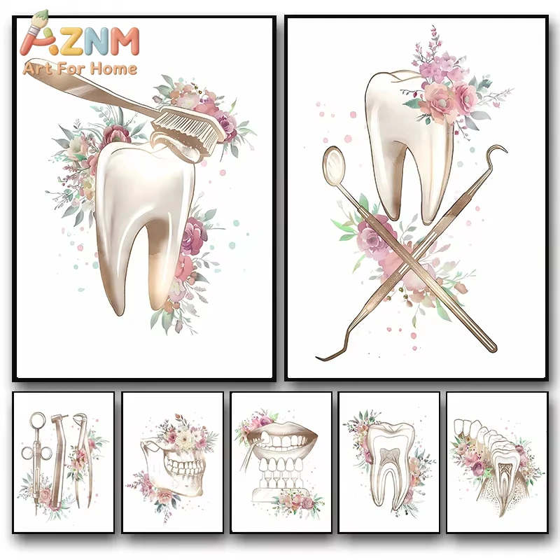 Teeth Anatomy Art Floral Painting, Watercolor Dentistry Posters, Wall Photos for Dental Clinic Decor, Oral Health Canvas Prints