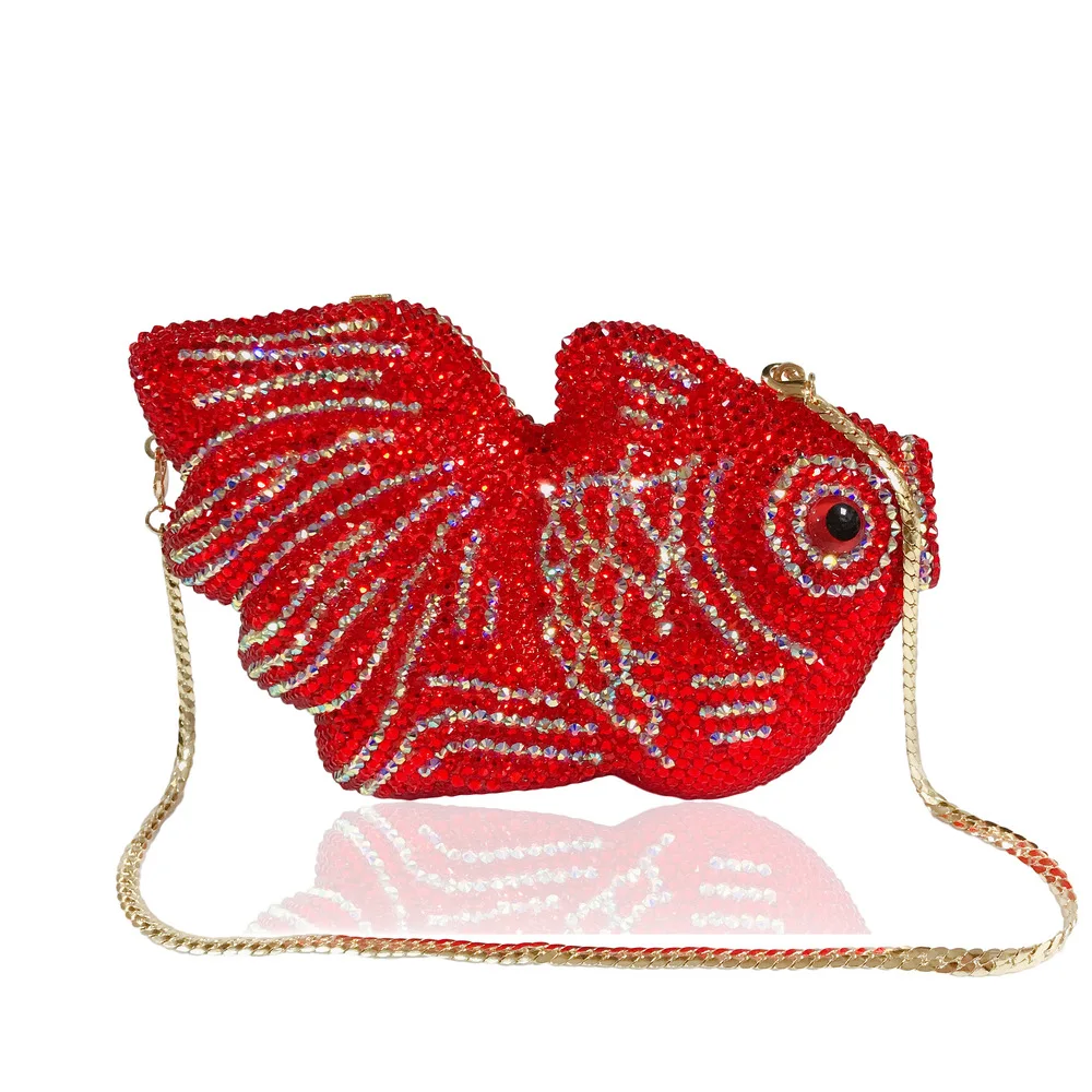 Red Goldfish Rhinestone Cartoon Animal Diamond Dinner Bag Handmade Diamond Crystal Women's Hand Hard Bag