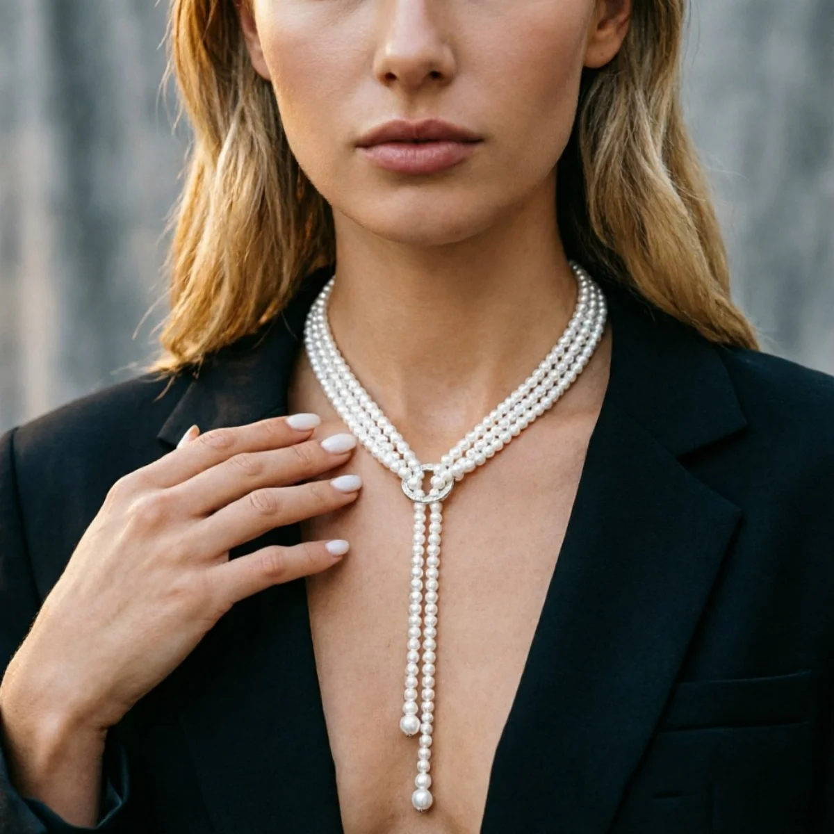 Elegante französische weiße lange Halskette mit kleinen künstlichen Perlen für Damen, Strass-Kreis, verschiedene Tragevarianten, Pulloverkette, Schmuck – Detail 16