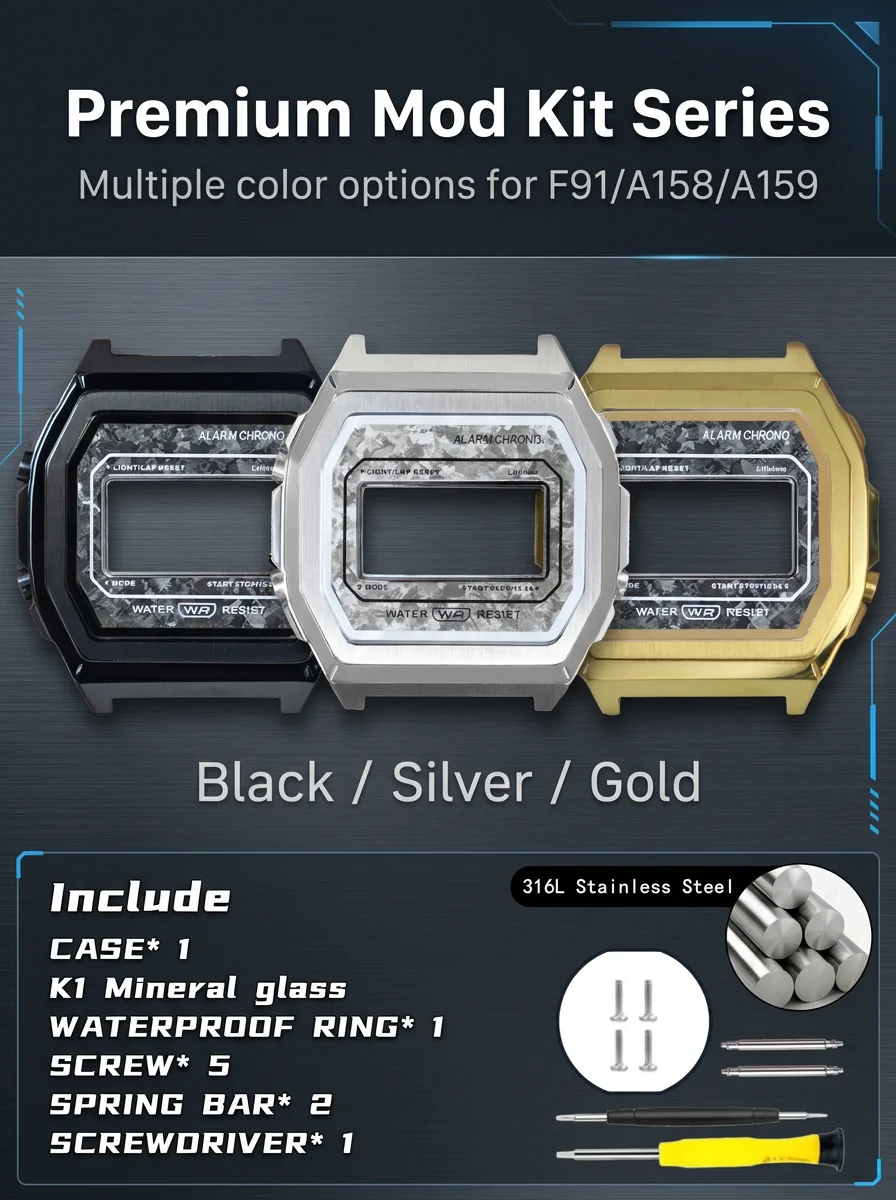 316lss-watch-brush-polish-matte-case-for-casio-f-91-a158-a159-titanium-faceplate-ice-texture-pattern-k1-mineral-urtal-mod