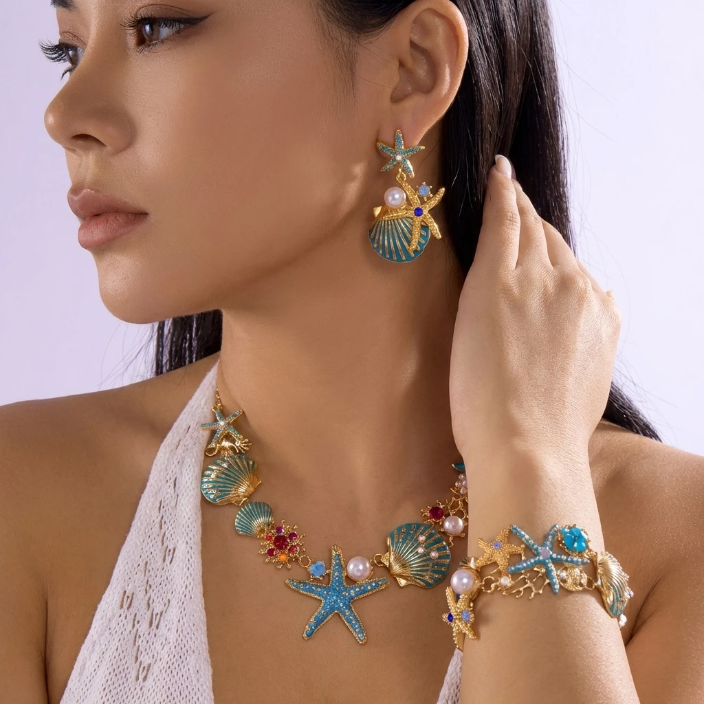 

Vintage Ocean Inspired Jewelry Set for Women Enamel Starfish Shell Coral Style Necklace Earring Bracelet OT Clasp Luxury Gift