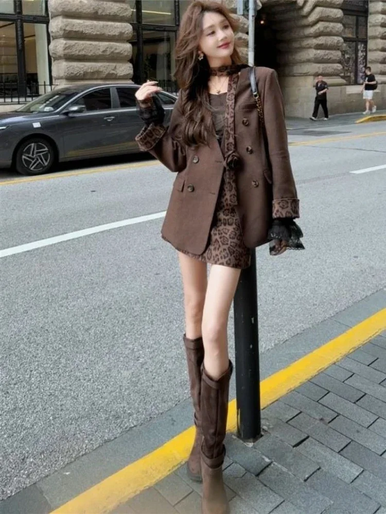 Women Coffee Brown Leopard Patchwork Blazer Set 2026 V Neck Bow Tie Jacket Skirt Suit Elegant Fashion Set