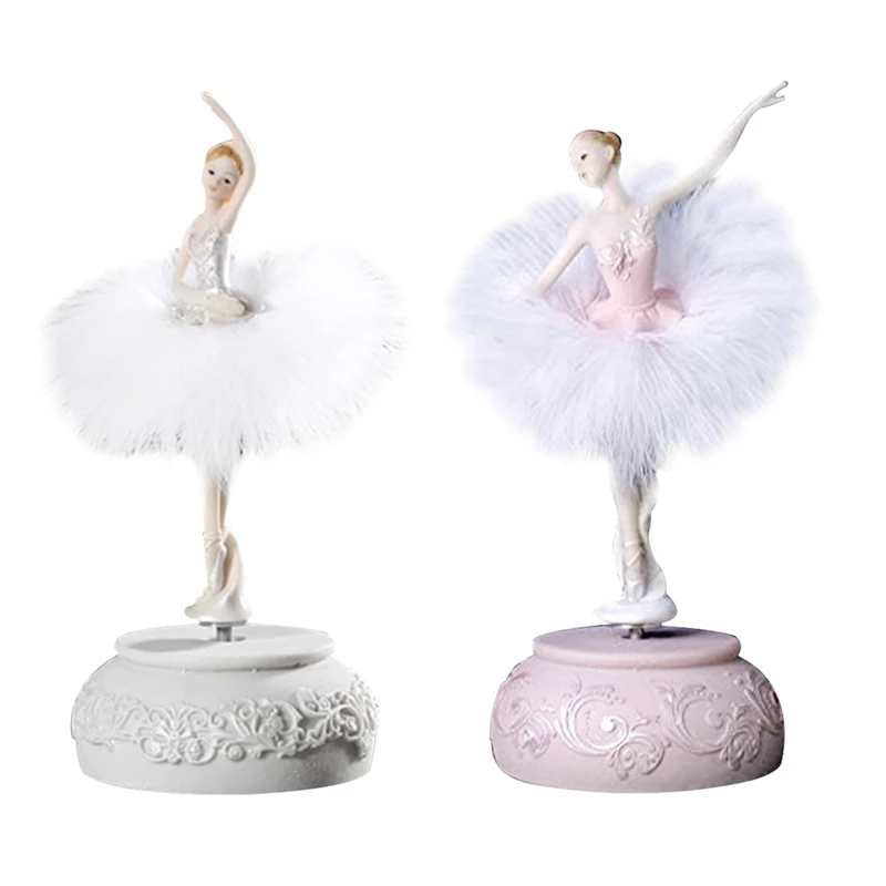 Feather Skirt Rotating Music Box Figurine, Manual Control Dancing Girl Musical Box For Girls, White Durable 10 X 10 X 22Cm